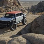 GMC Hummer X i pickup-utförande visar upp en ny, avskalad designriktning för märket. Den raka siluetten och de korta överhängen är optimerade för att maximera bilens terrängegenskaper under krävande förhållanden. Foto: GMC