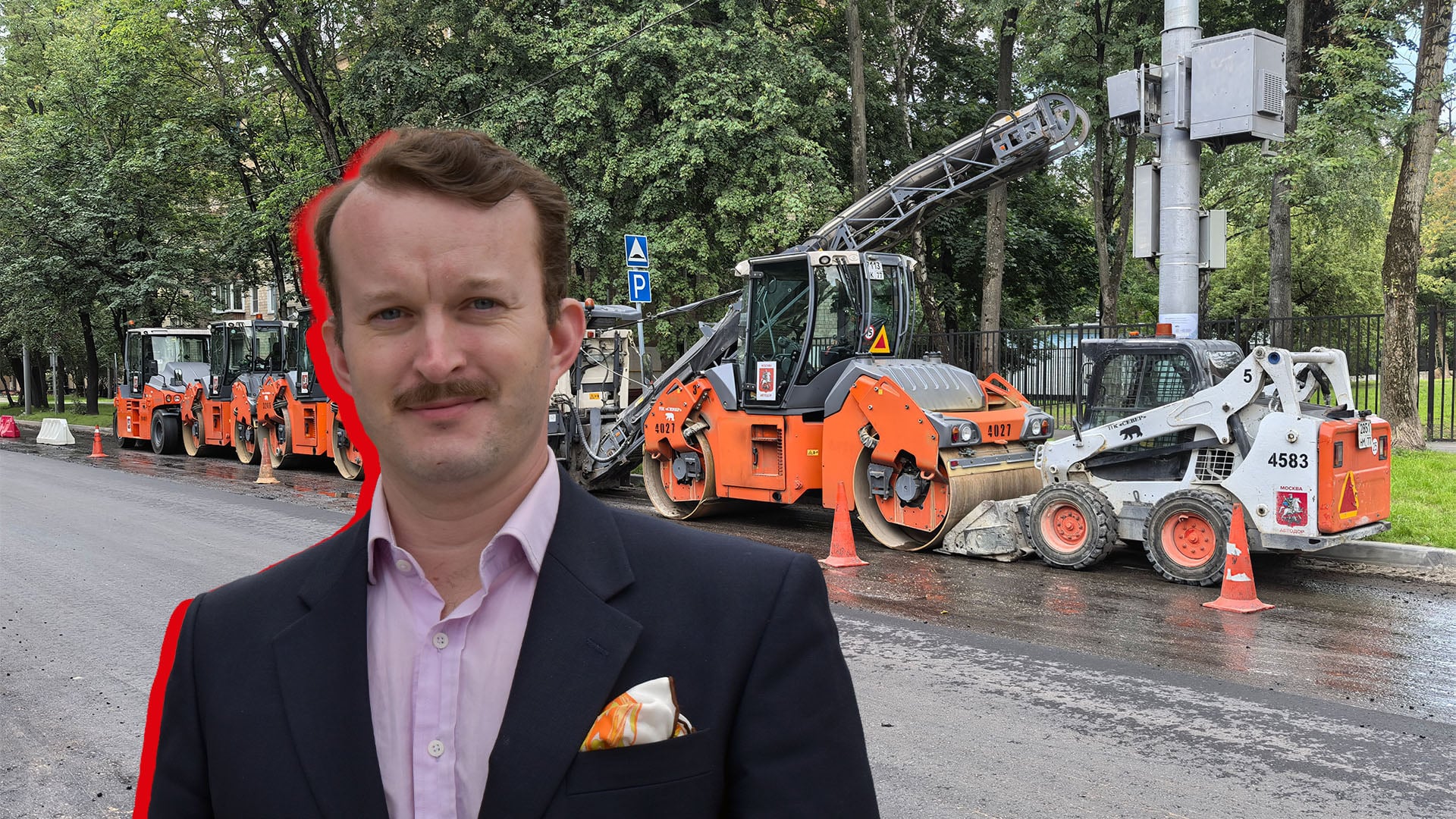 Jacob Sidenvall inklippt på en bild med flera evägarbetsfordon vid sidan av vägen.