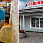 Kerim på Pizzeria Ferrari pekar på restaurangens skylt.