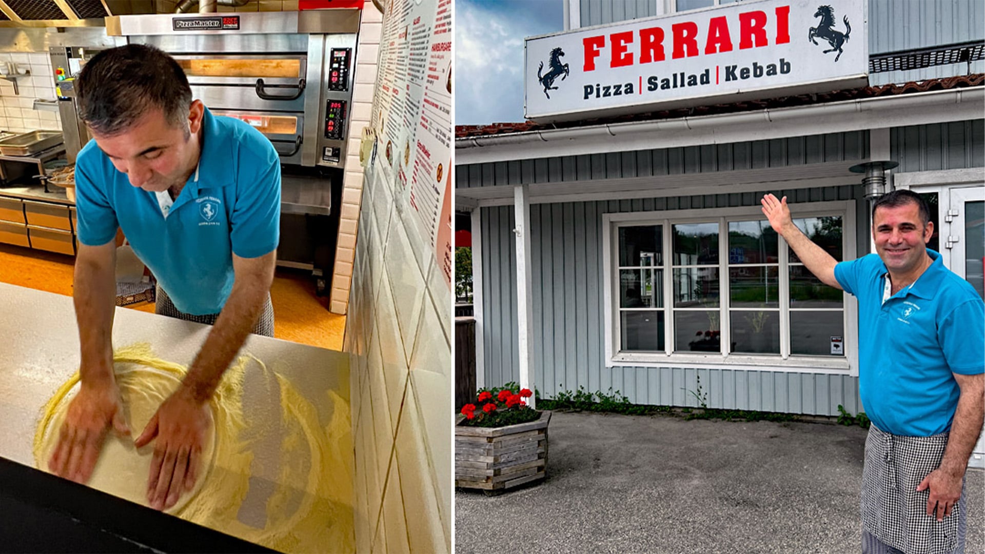 Kerim på Pizzeria Ferrari pekar på restaurangens skylt.