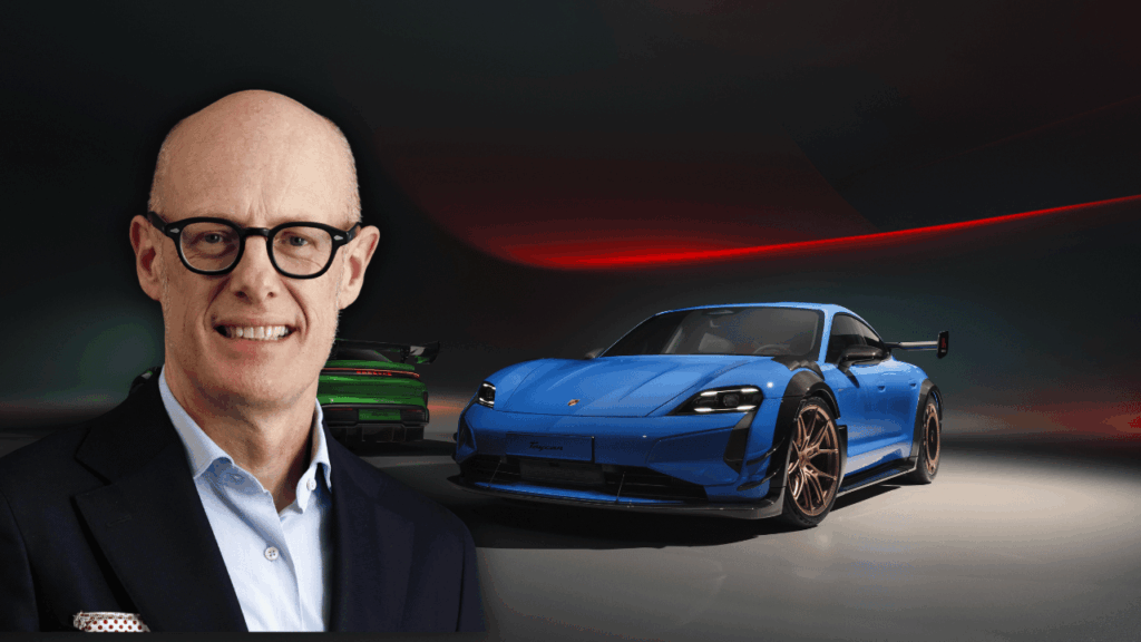 Porsches vd Michael Leiters inför en radikal bantningskur. Med ”Strategy 2035” ska antalet modellversioner minskas kraftigt för att rädda tillverkarens sjunkande vinstmarginaler. Foto: Porsche, montage