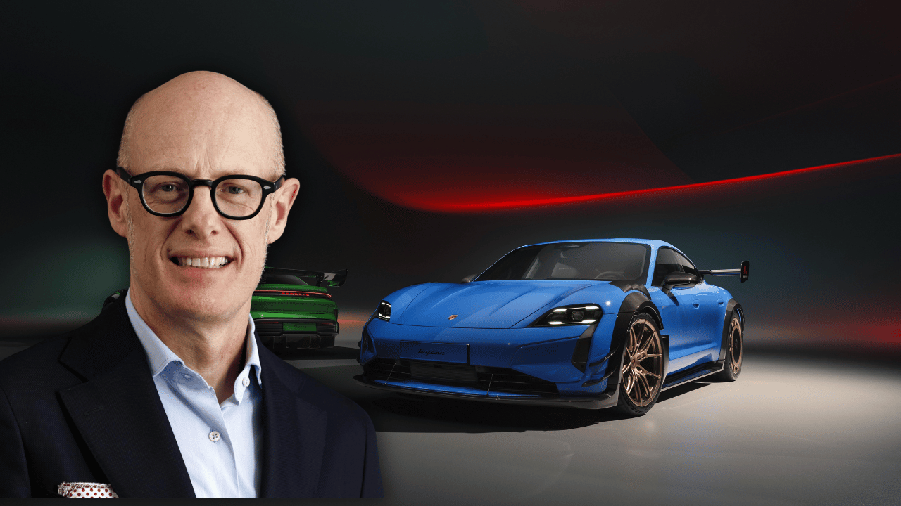 Porsches vd Michael Leiters inför en radikal bantningskur. Med ”Strategy 2035” ska antalet modellversioner minskas kraftigt för att rädda tillverkarens sjunkande vinstmarginaler. Foto: Porsche, montage