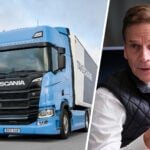 Scanias vd Christian Levin till höger i bild och en ellastbil från Scania till vänster.