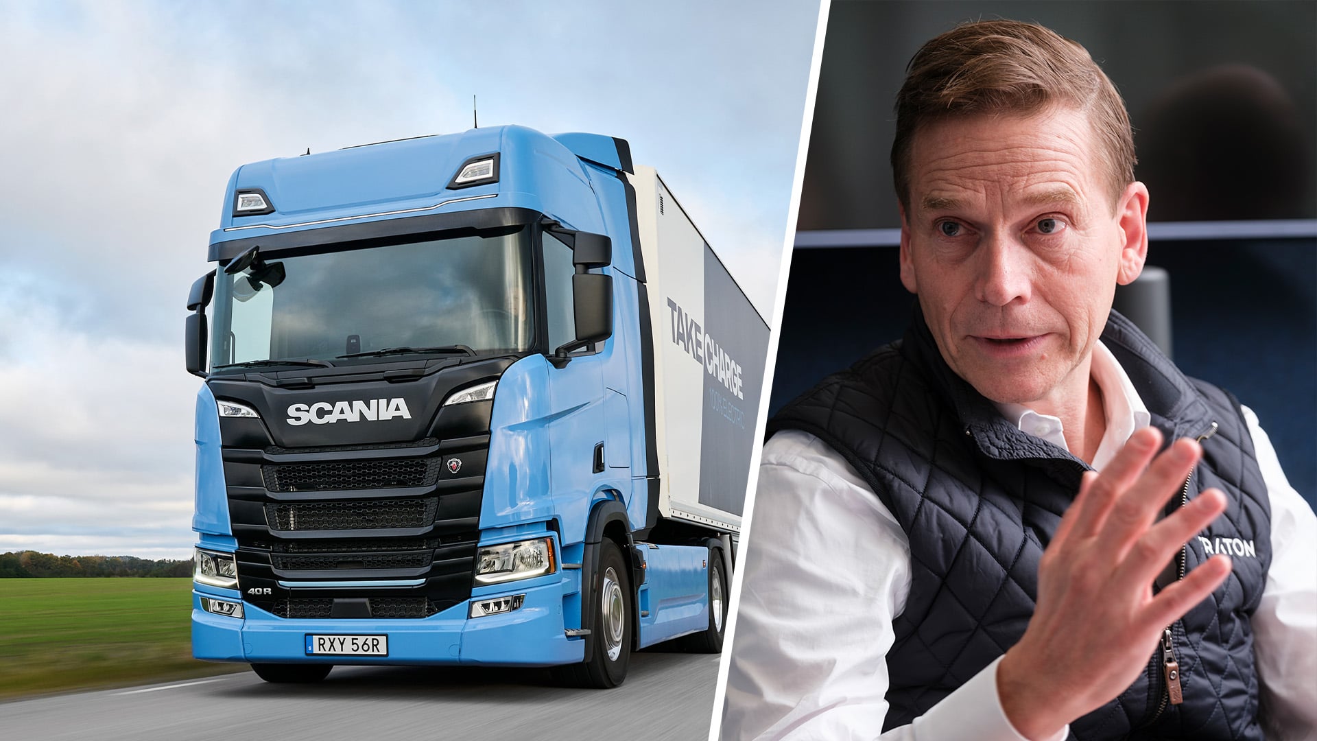 Scanias vd Christian Levin till höger i bild och en ellastbil från Scania till vänster.