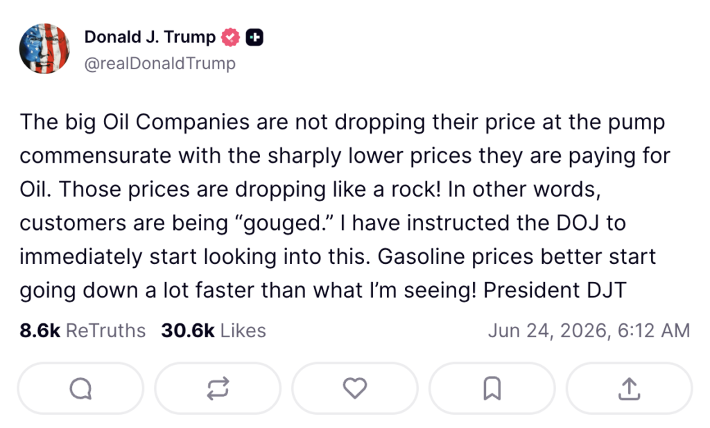 Donald Trump på Truth Social.