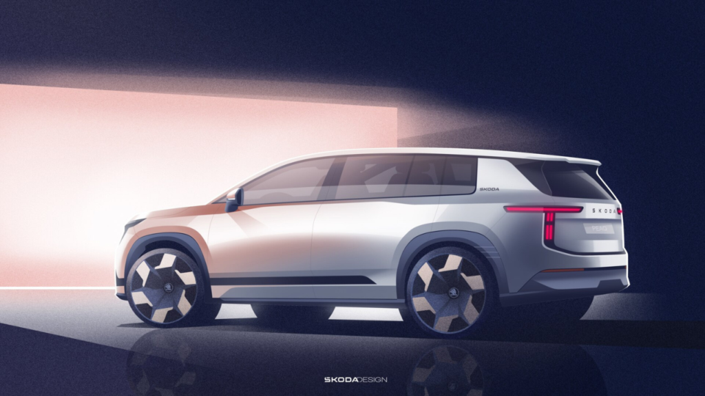 Den rejäla sjusitsiga suven präglas av en hög skulderlinje och robusta proportioner, utvecklad enligt det nya designspråket Modern Solid. Foto: Škoda