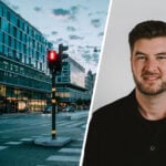 Daniel Grip på Hedvig Försäkring till höger i bild. Till vänster är en bild på tom trafik.