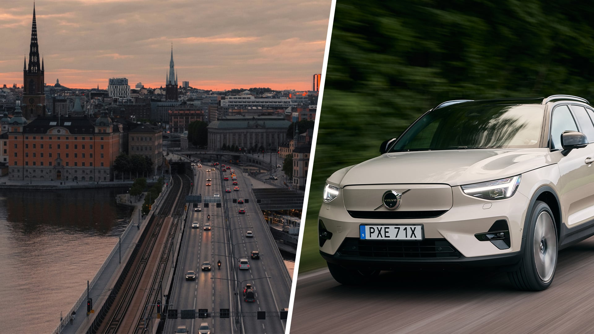 Fågelbild över Stockholm med Volvo EX40 inklippt till höger.