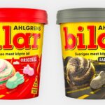 Två glassburkar med nya Ahlgrens Bilar-glassen.