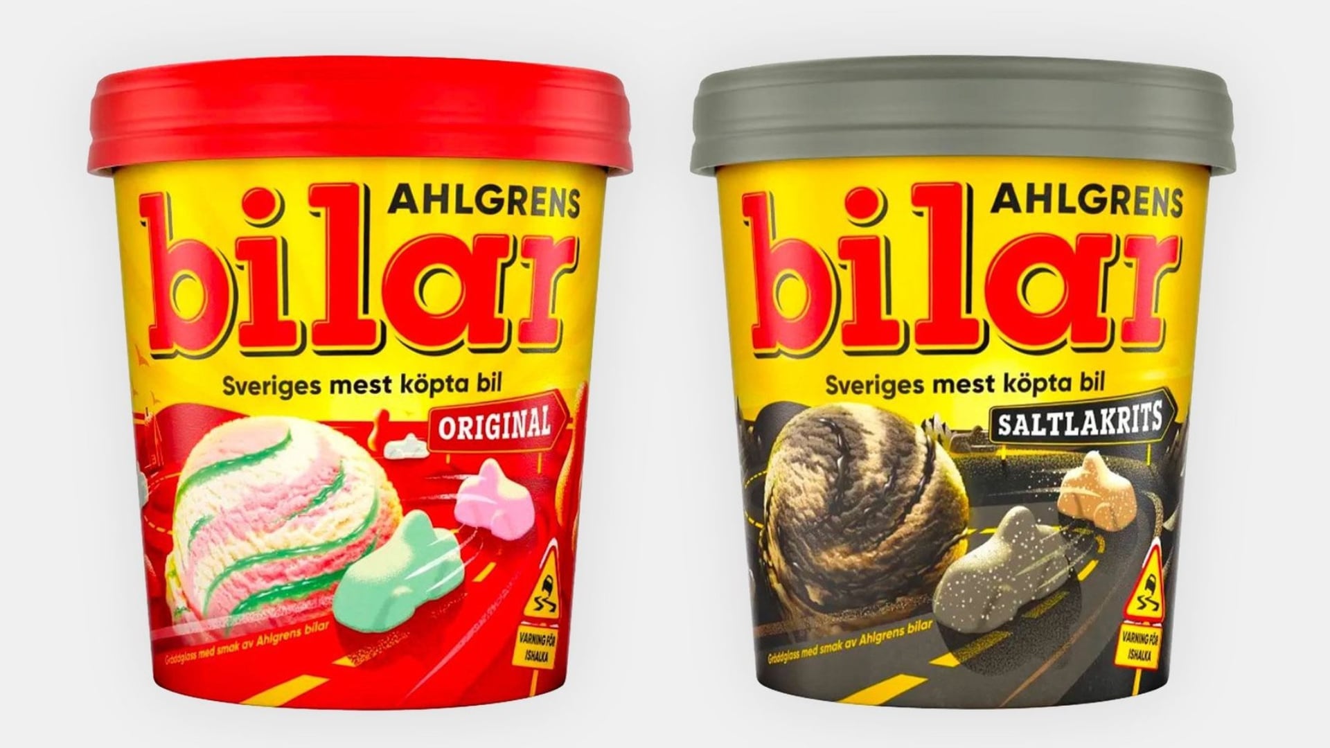 Två glassburkar med nya Ahlgrens Bilar-glassen.
