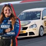 Annie Seel i sin racingoverall inklippt framför en banpreppad VW Polo.