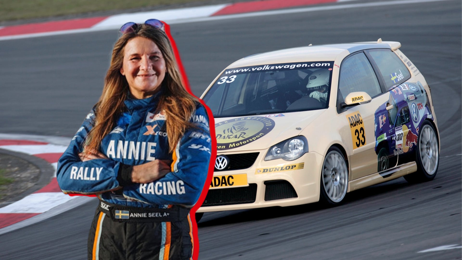 Annie Seel i sin racingoverall inklippt framför en banpreppad VW Polo.