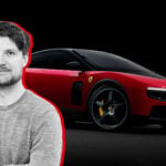 John Sempill inklippt på en bild på en röd Ferrari Luce mot svart bakgrund.