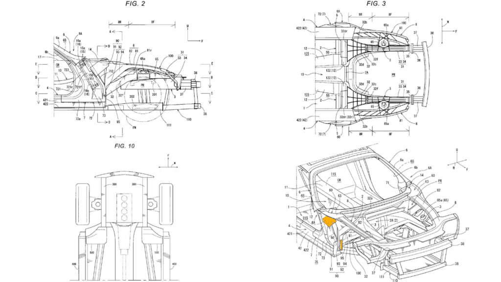 Detaljerna avslöjar Mazdas planer. Skisserna från patentansökan visar en klassisk, längsmonterad fyrcylindrig motor och bakhjulsdrift – men det är den avancerade dörrmekanismen och den förstärkta chassistrukturen som stjäl strålkastarljuset. Foto: US Patent