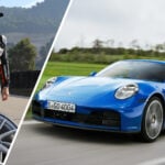 Aleix Alcaraz till vänster i bild och en blå Porsche 911 Carrera till höger.
