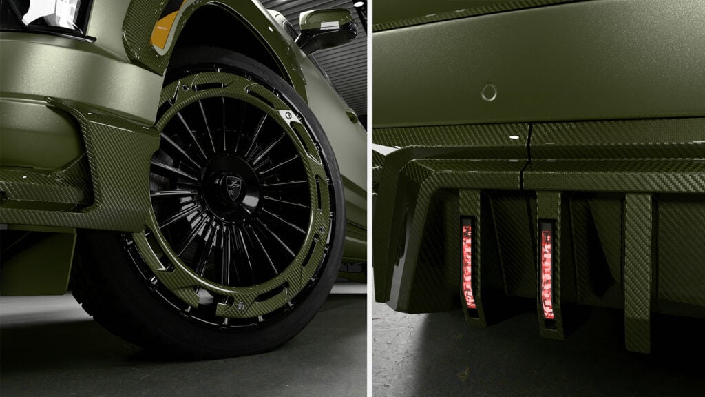 Närbild på fälg och diffusor Grön Verde Carbon Cadillac Escalade-V Esv.