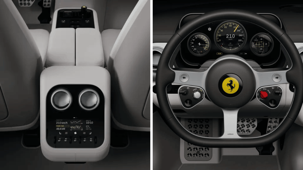 Bakom den specialdesignade Tailor Made-ratten med den stegrande hästen, blickar föraren mot en digital instrumentpanel som visar bilens prestanda – här redo att kasta sig mot 210 km/h. Foto: RM Sothebys