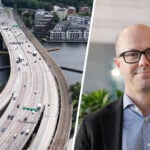 Flygbild över Essingeleden och Jonas Eliasson inklippt till höger i bild.
