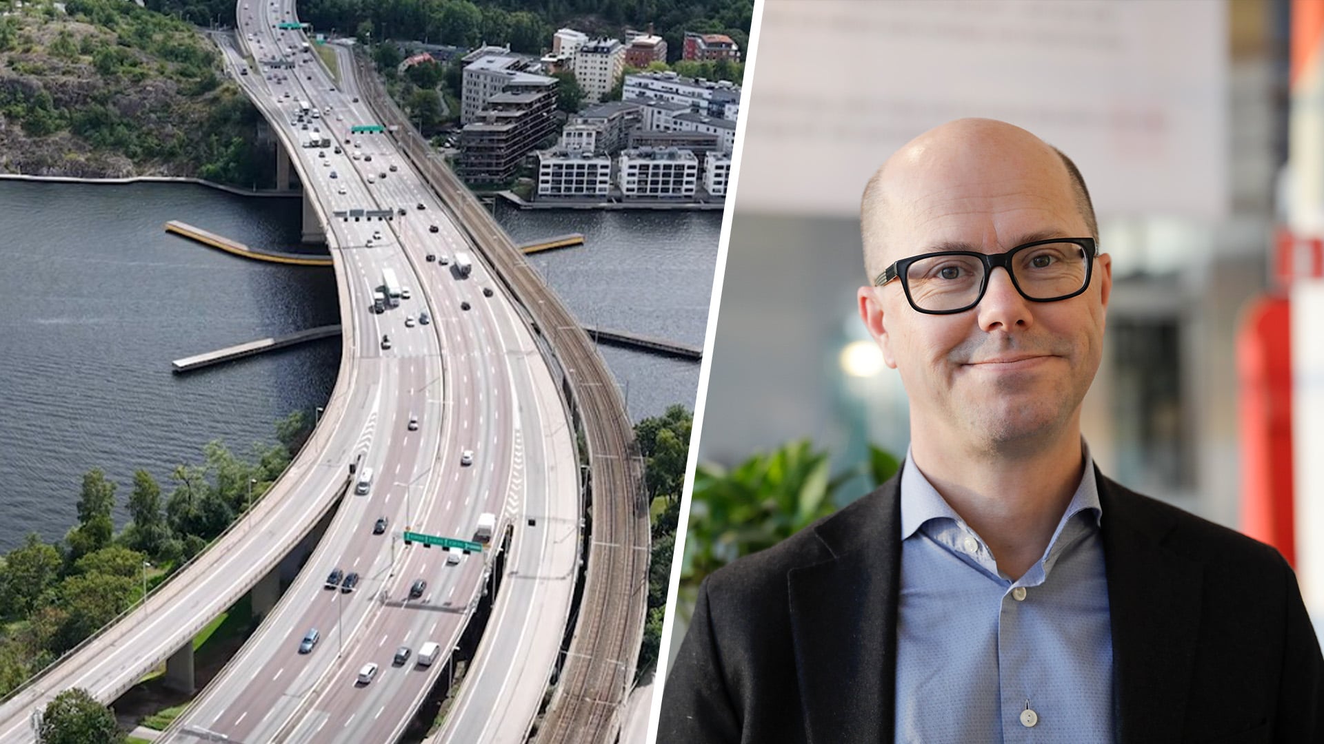 Flygbild över Essingeleden och Jonas Eliasson inklippt till höger i bild.