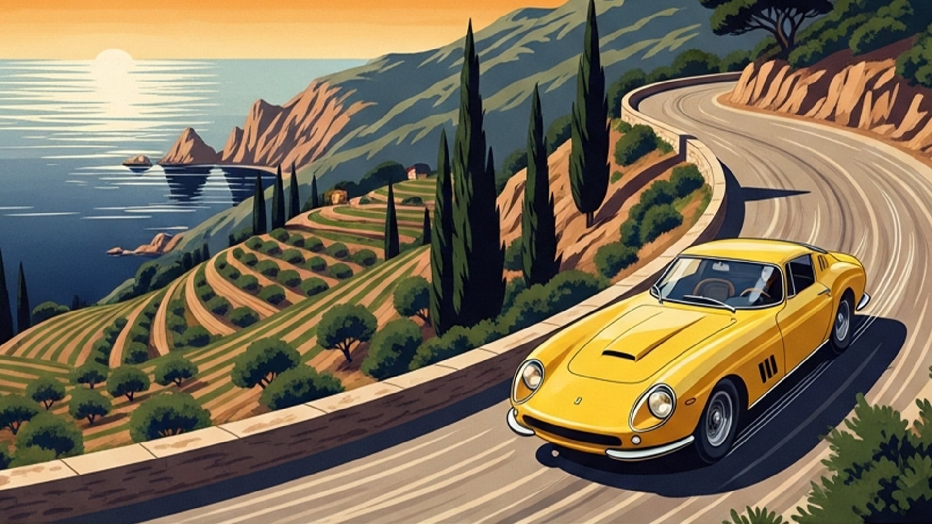 Illustration på en gul Ferrari 275 på en kustväg i medelhavet.