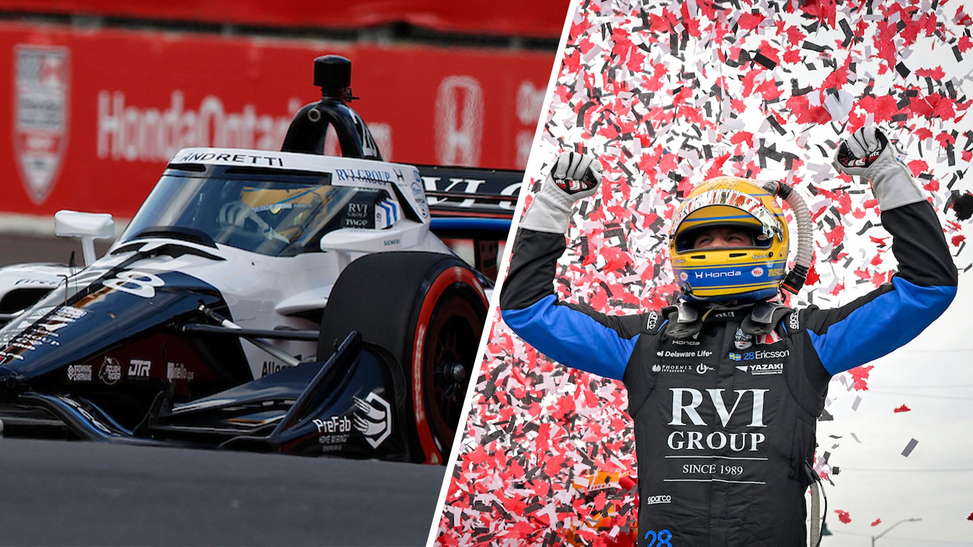 Marcus Ericsson gestikulerar efter sin Indycar-seger i Markham.