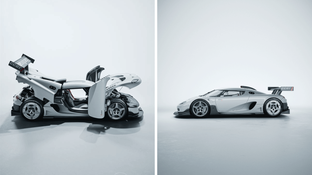 Jämförelse av CCGT1 i profil, med alla luckor öppna och stängda, som visar på bilens två identiteter. Foto: Koenigsegg