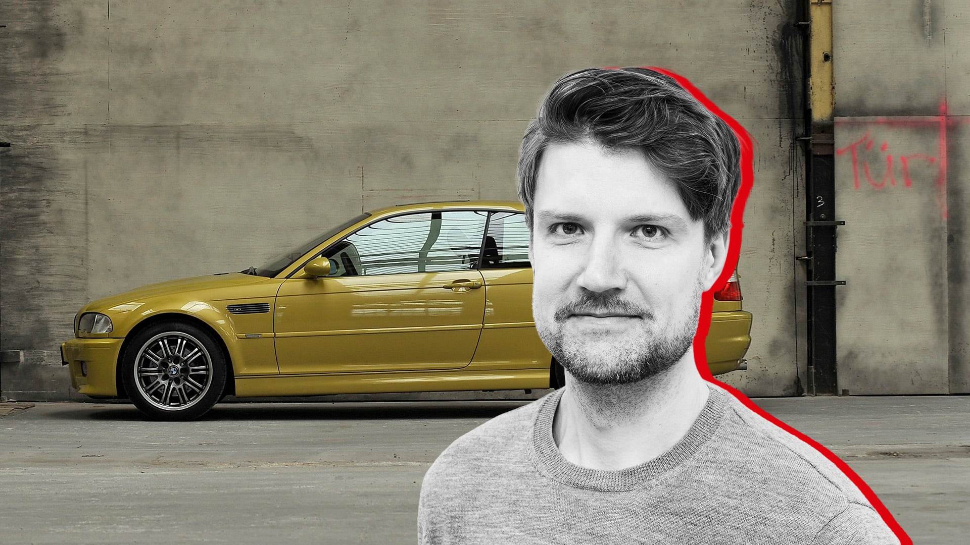 En guld/gul BMW M3 E46 i profil med John Sempill inklippt framför.