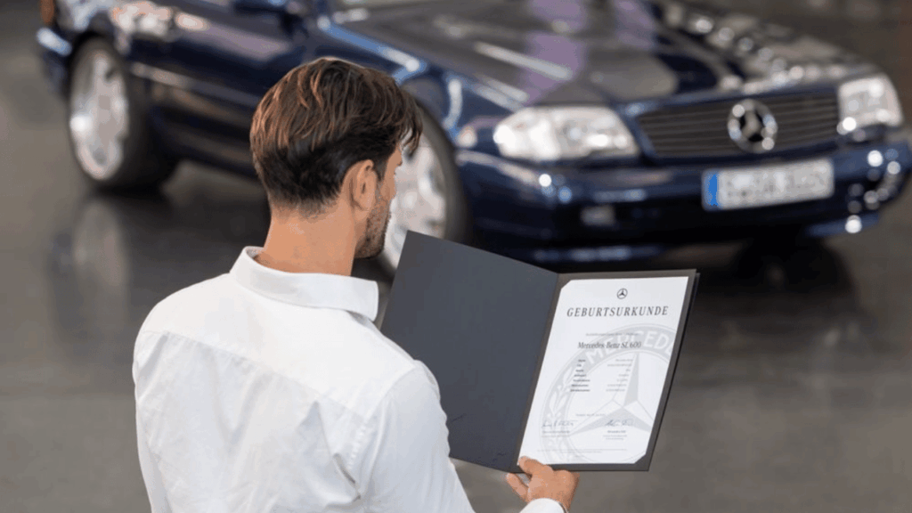 Dokumentet levereras i en specialmapp med präglat emblem och innehåller detaljerad information om bilens ursprungliga fabriksspecifikationer. Foto: Mercedes-Benz museum
