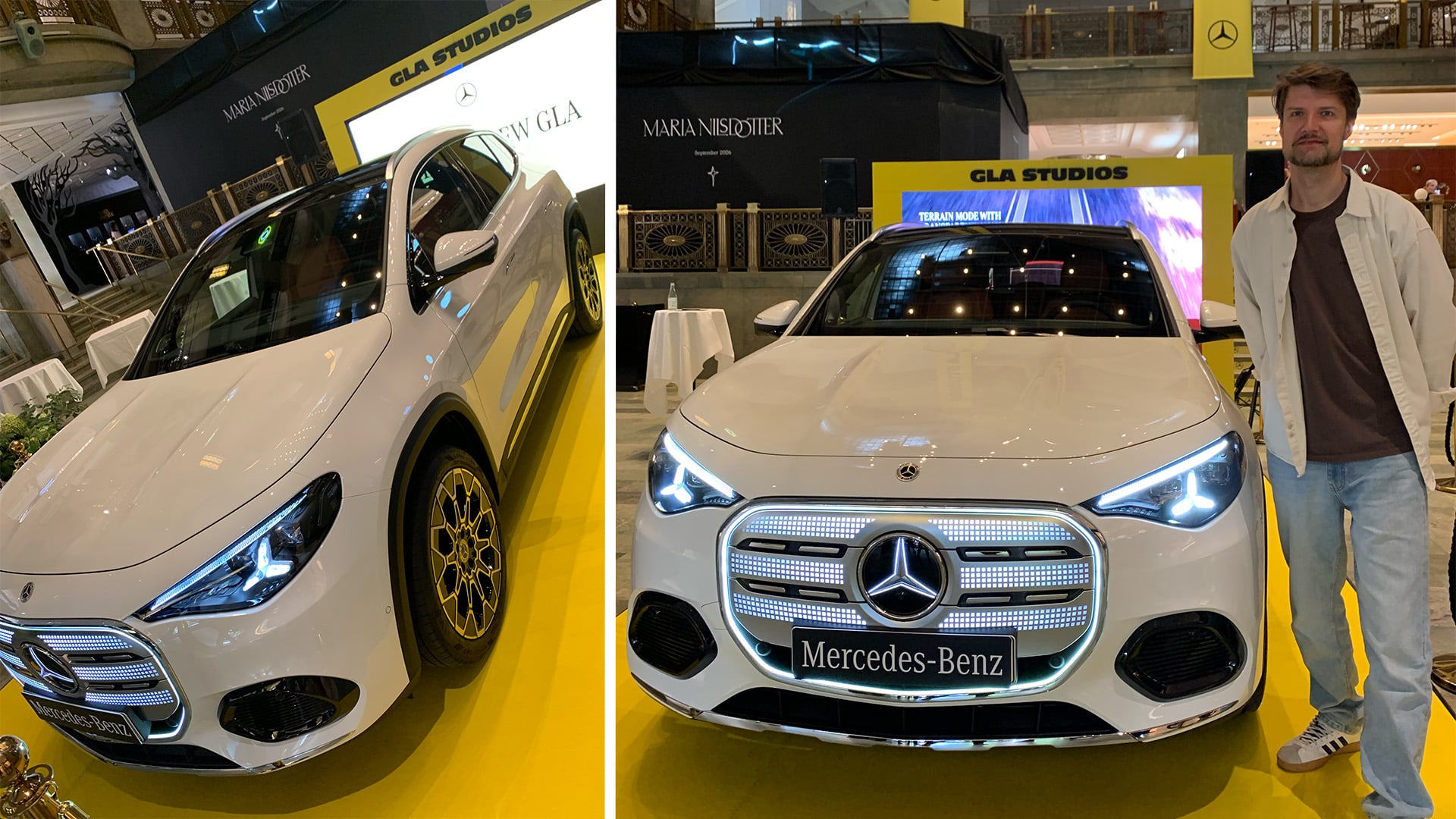Vit Mercedes-Benz GLA på NK med John Sempill bredvid.