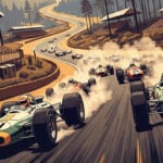 1960-tals F1-bilar på en F1-bana i tecknad stil.