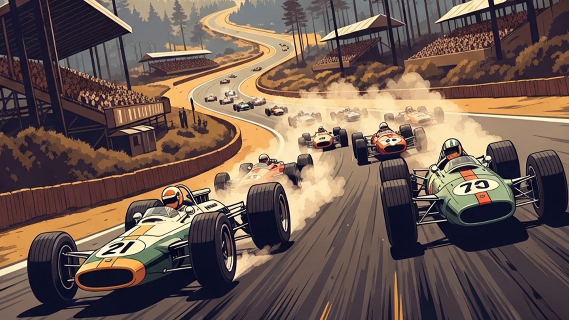 1960-tals F1-bilar på en F1-bana i tecknad stil.