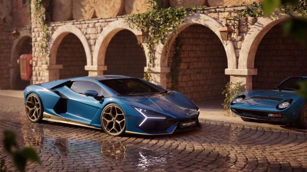 Blå Lamborghini Revuelto Miura 60° Homage till vänster och en blå Miura till höger.