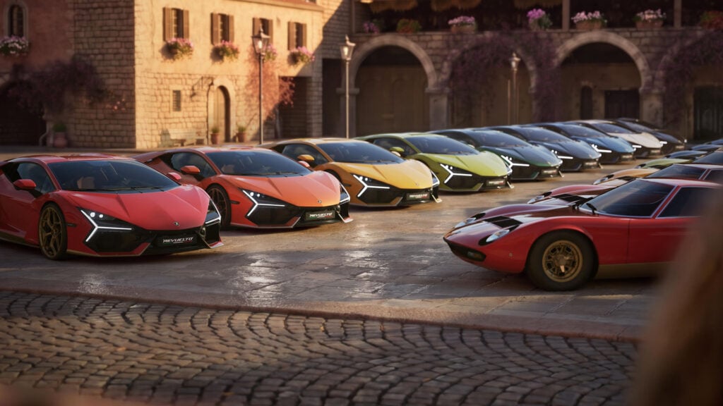 En parkering med flera Lamborghini Revuelto Miura 60° Homage i olika färger mittemot flera klassiska Miura.