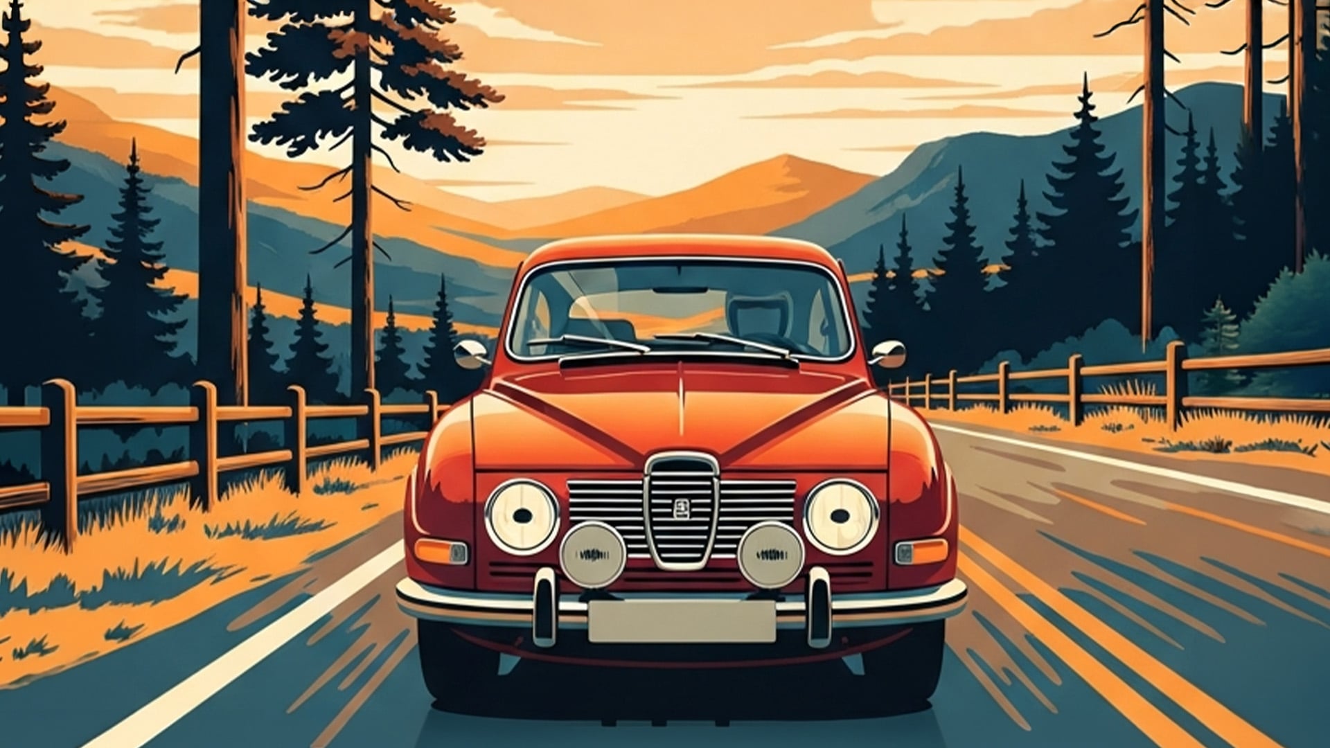 Röd Saab 96 framifrån på skogsväg.