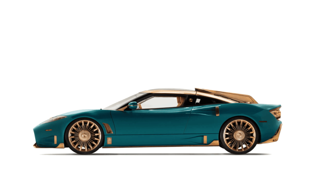 Spyker C8 Preliator XXV Coupé i profil. Notera de turbininspirerade fälgarna i roséguld och takfenan som hyllar 1919 års C1 Aerocoque. Foto: Spyker