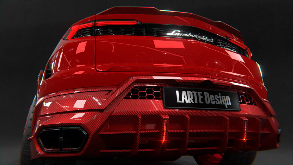 Diffusor till en röd-svart Larte Design Lamborghini Urus.