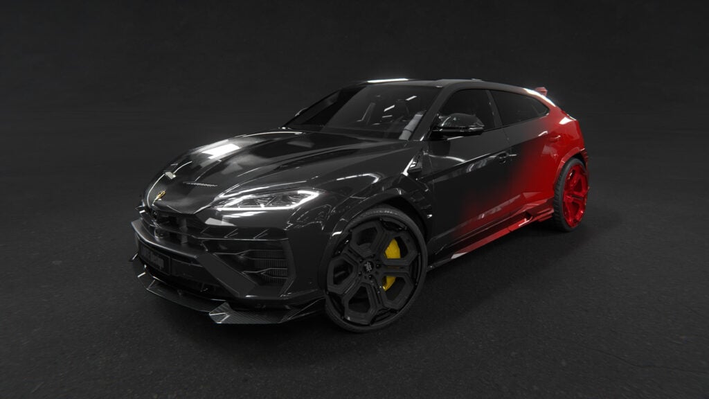 Röd-svart Larte Design Lamborghini Urus Largenda snett framifrån.