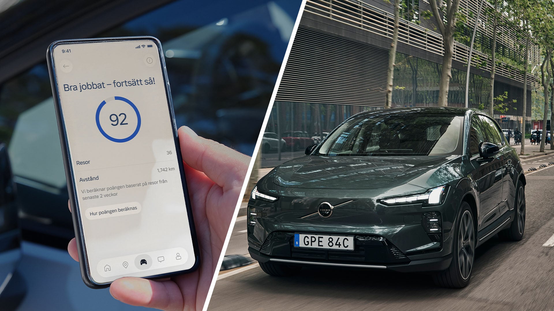 Safety Coach-app till vänster och en grön Volvo EX60 till vänster.