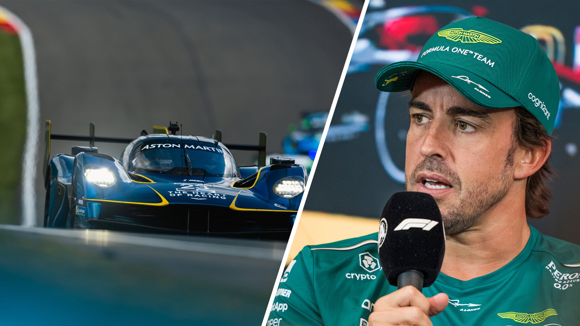 Aston Martin Valkyire till vänster och Fernando Alonso inklippt till höger.