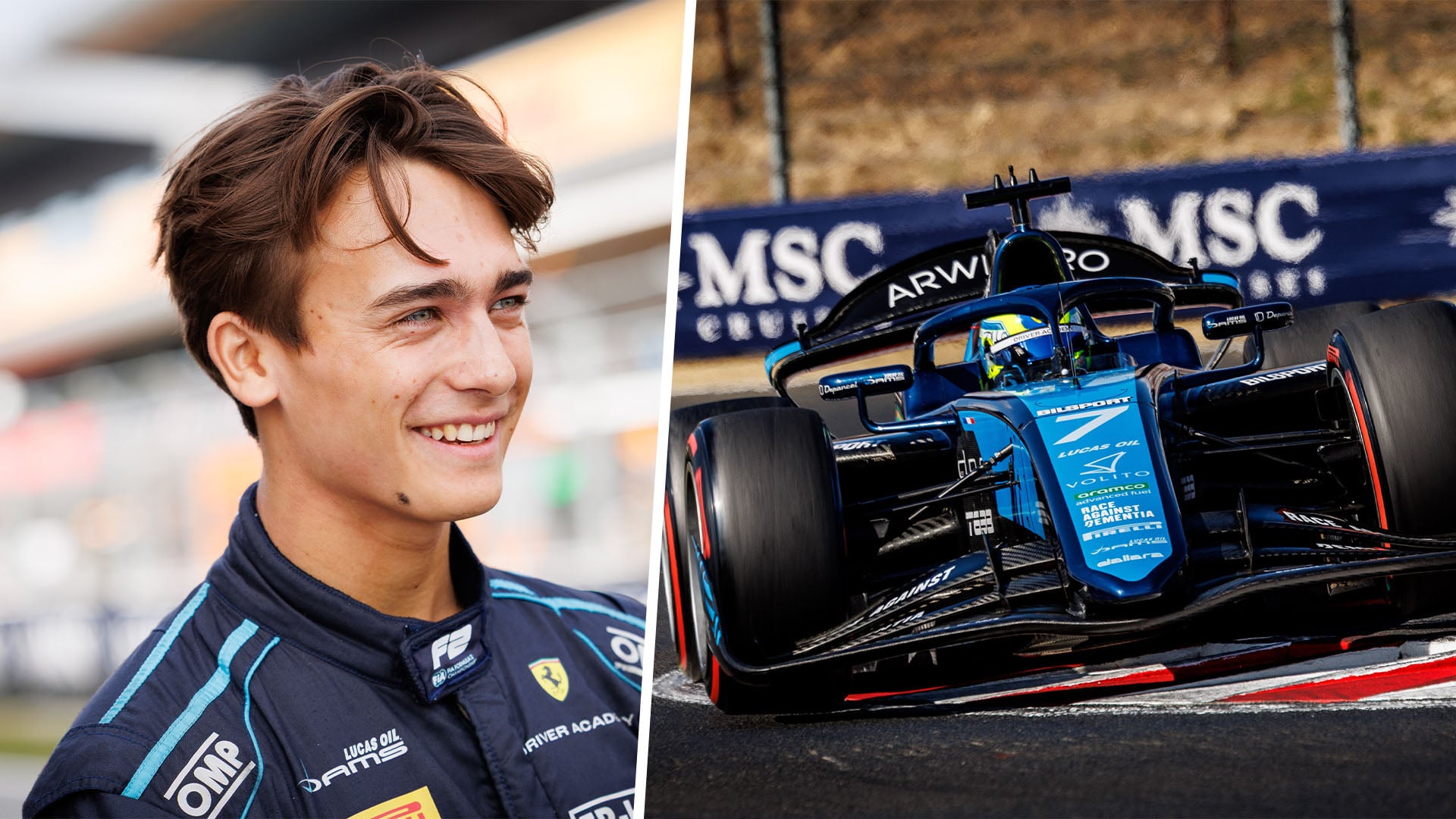 Dino Beganovic inklippt till vänster och hans DAMS Lucas Oil-bil till höger.