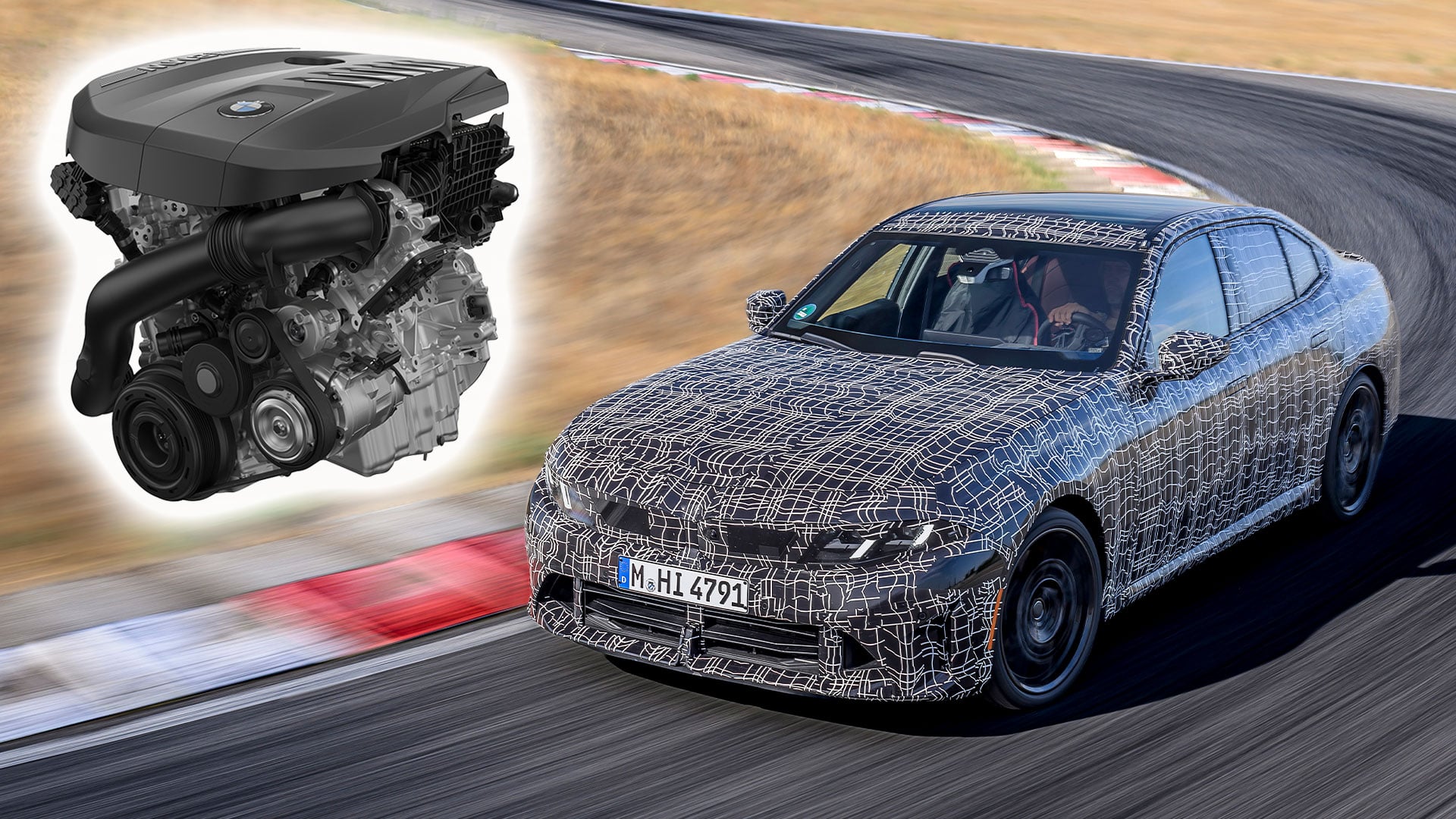 Kamouflerad BMW 3-serie kör på testbana, med en infälld bild på en sexcylindrig motor.