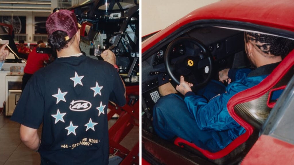 Lewis Hamilton tittar på sin Ferrari F40 som är upphissad med motorkåpan lyft.