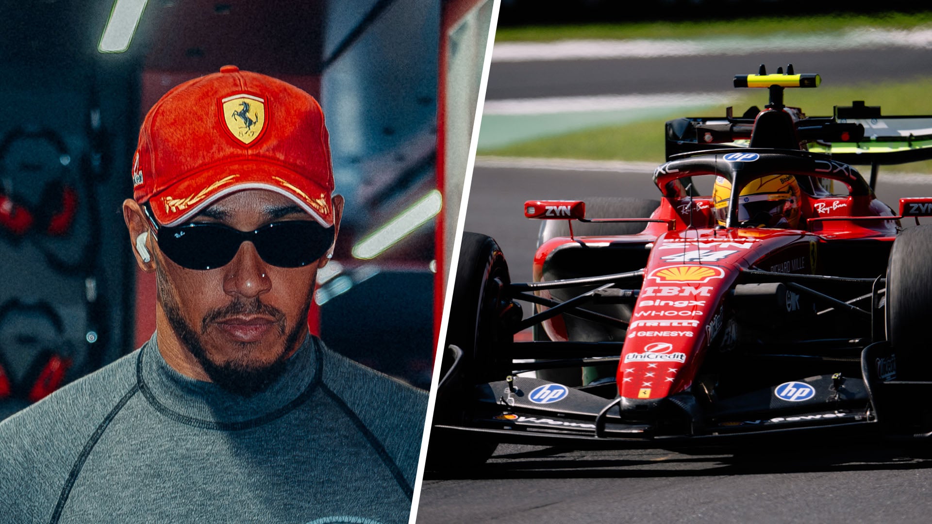 Lewis Hamilton till vänster och hans F1-bil SF-26 till höger.