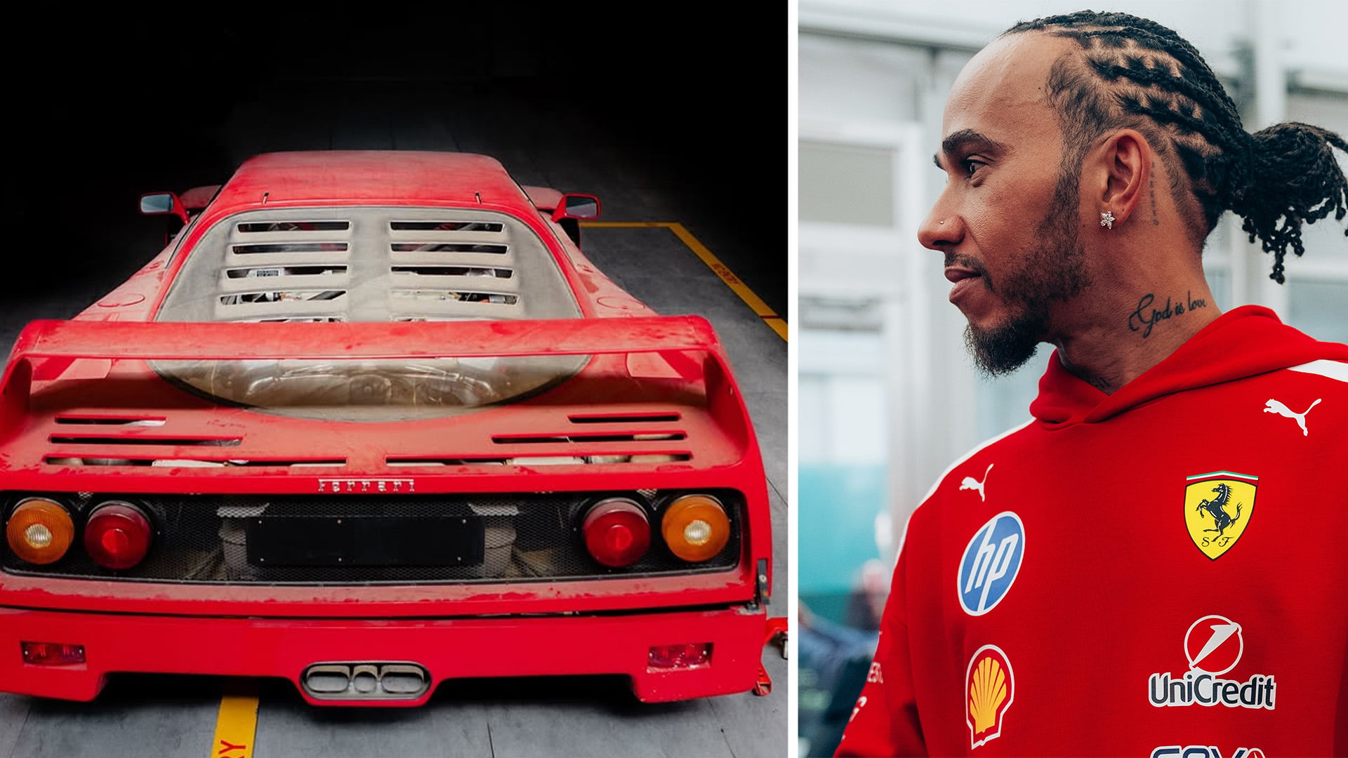 Lewis Hamiltons Ferrari F40 till vänster och Lewis Hamilton profil inklippt till höger i bild.