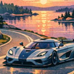 En AI-illustrerad bild i 60-talsstil som föreställer en Koenigsegg.