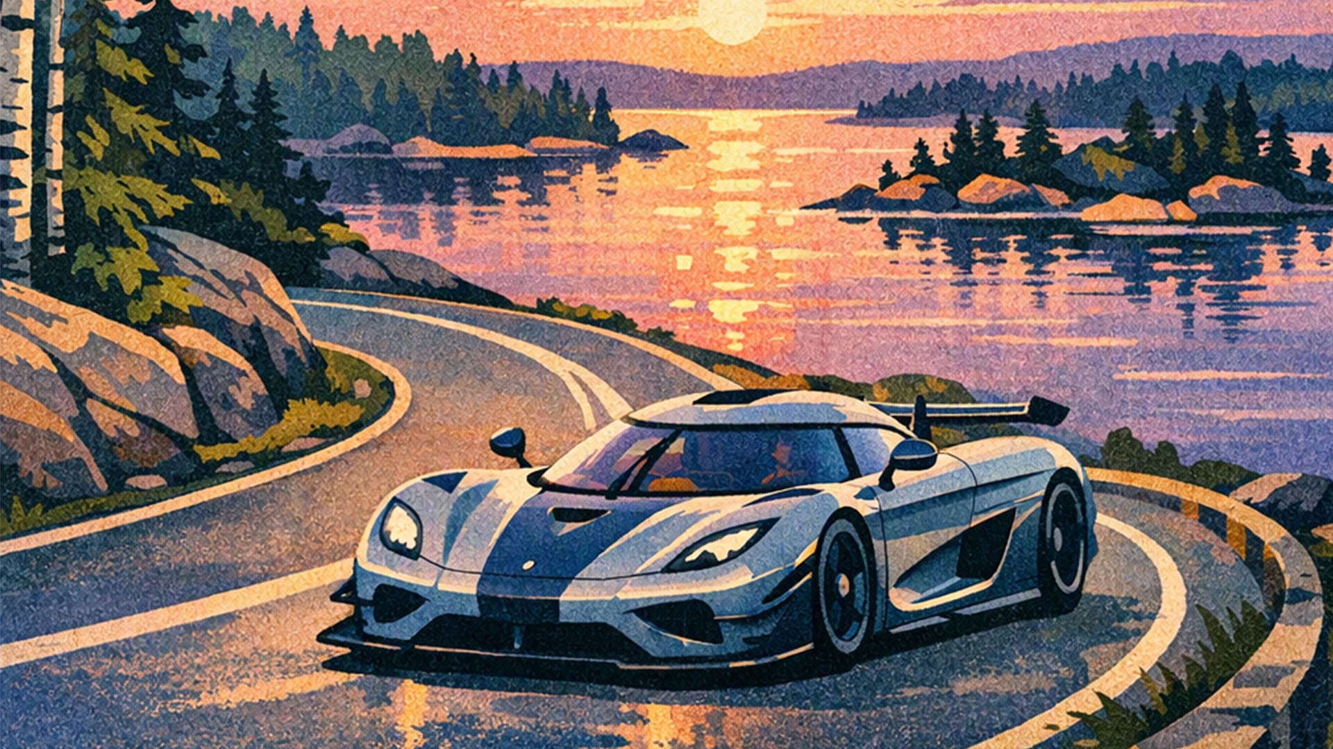 En AI-illustrerad bild i 60-talsstil som föreställer en Koenigsegg.