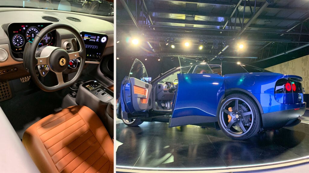 Förarmiljö i Ferrari Luce till vänster och en helbild bakifrån till höger. 