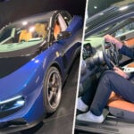 Blå Ferrari Luce till vänster och John Sempill inklippt till höger.