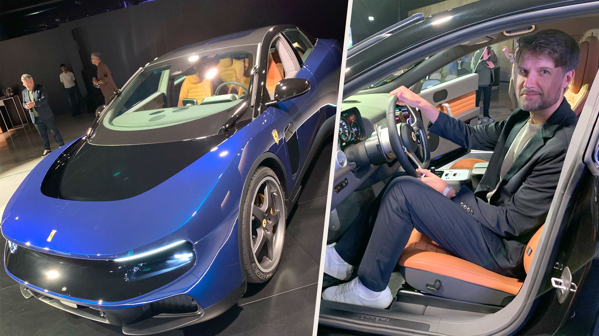 Blå Ferrari Luce till vänster och John Sempill inklippt till höger.