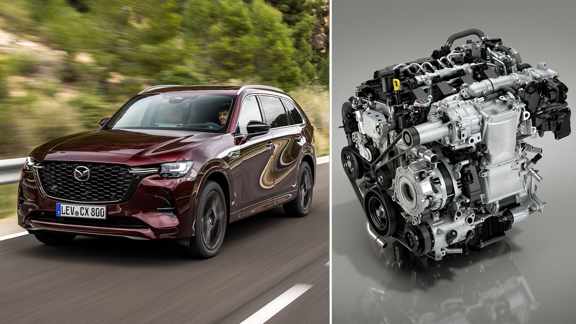 Montage med en Mazda CX-80 på väg och en Mazda Skyactiv-motor i studiomiljö.